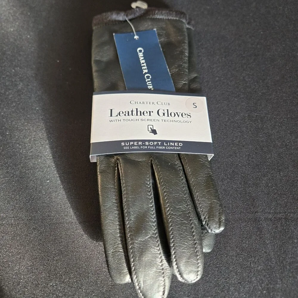 Women's Charter Club Leather Black Gloves Size S Fleece Lined Touch Screen Tech